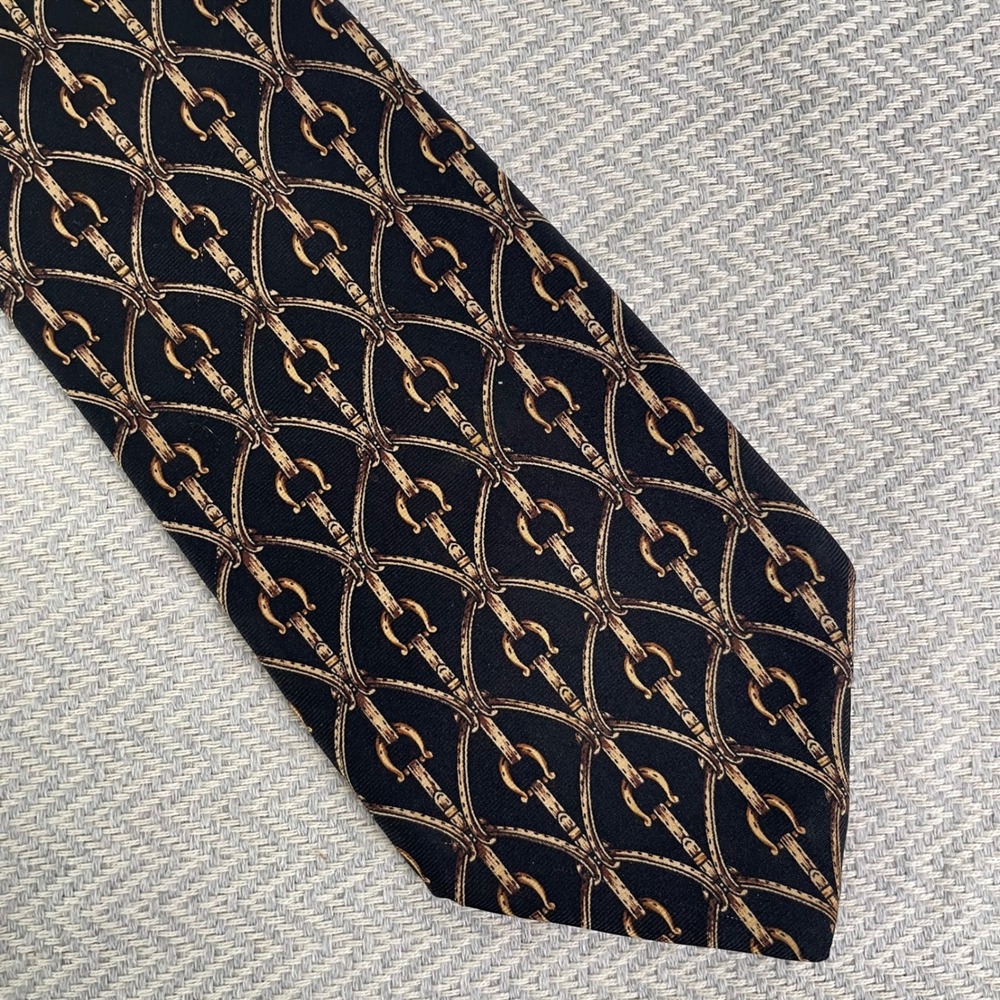 Brooks Brothers Silk Tie Mens Navy Gold Equestrian Harness Chain Print Made USA
